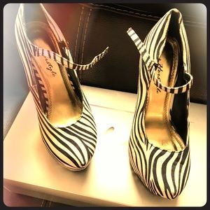 Zebra print suede platform stiletto heels